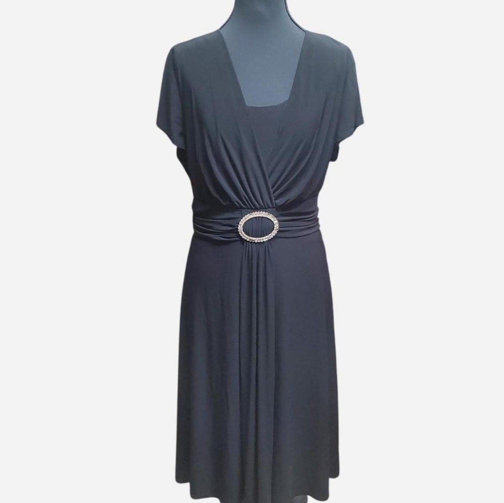 Vntg R&M Richards Dress 16 Black Midi Rhinestone Buckle Detail V-neck A-line Y2k